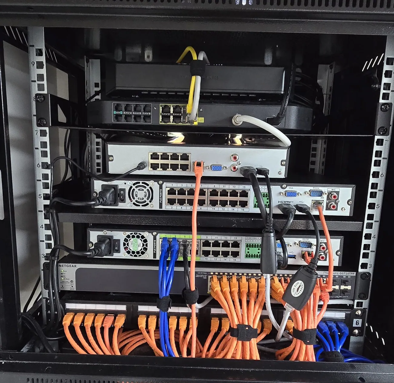 Network rack with labelled patch cabling